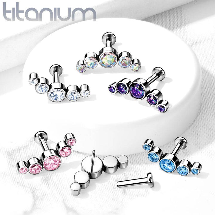 Implant Grade Titanium Threadless Push In Cartilage 5 Gem Curved Pink CZ Gems With Flat Back - Pierced Universe
