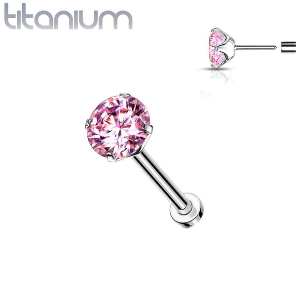 Implant Grade Titanium Threadless Push In Flat Back Pink Prong CZ Nose Ring Stud - Pierced Universe