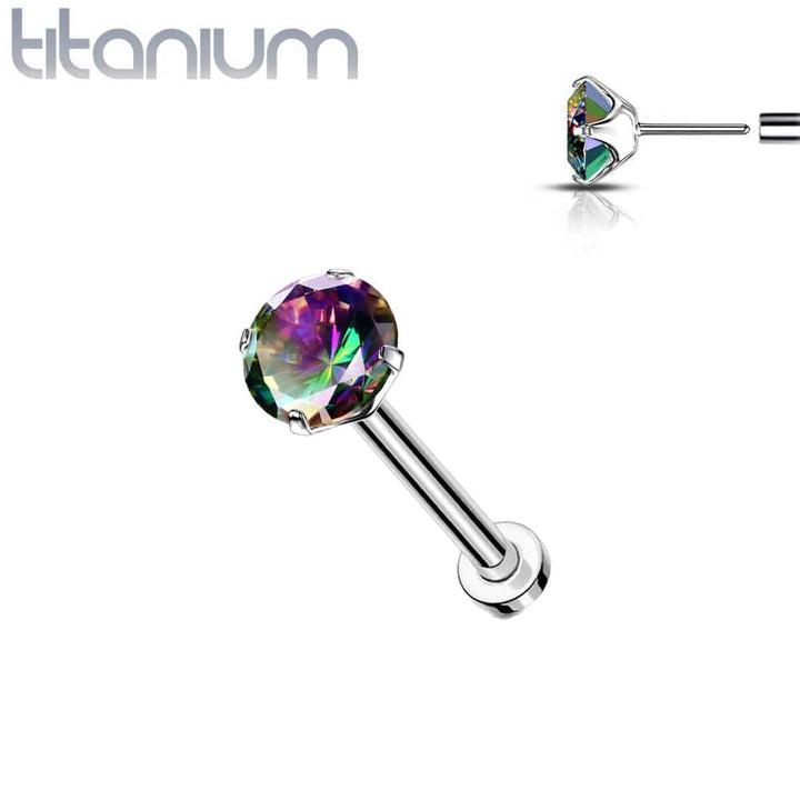 Implant Grade Titanium Threadless Push In Flat Back Vitrail Medium Prong CZ Nose Ring Stud - Pierced Universe