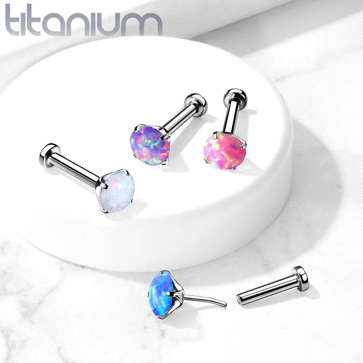 Implant Grade Titanium Threadless Push In Nose Ring Clawed Pink Opal Stone With Flat Back - Pierced Universe