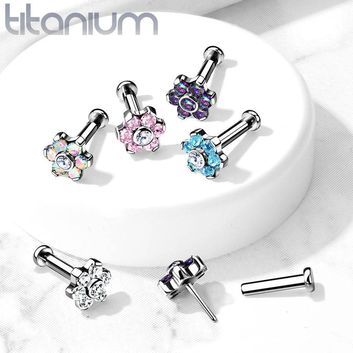 Implant Grade Titanium Threadless Push In Nose Ring Pink CZ Flower With Flat Back - Pierced Universe