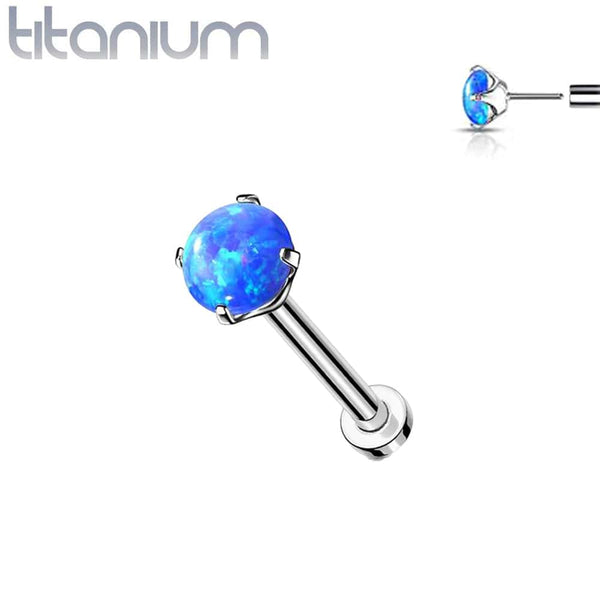 Implant Grade Titanium Threadless Push In Tragus/Cartilage Clawed Blue Opal Stone With Flat Back - Pierced Universe