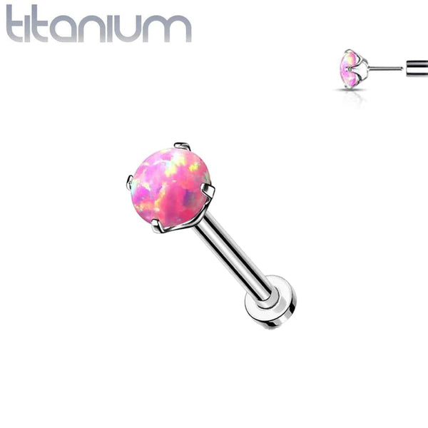 Implant Grade Titanium Threadless Push In Tragus/Cartilage Clawed Pink Opal Stone With Flat Back - Pierced Universe