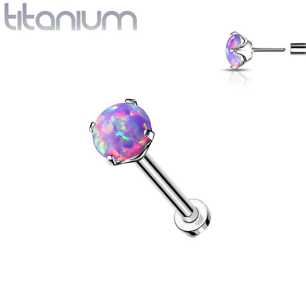 Implant Grade Titanium Threadless Push In Tragus/Cartilage Clawed Purple  Opal Stone With Flat Back