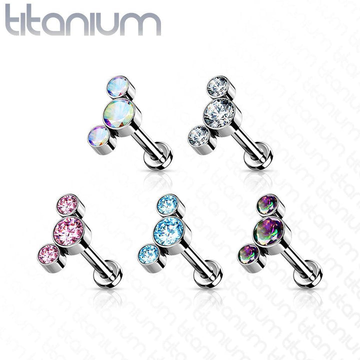 Implant Grade Titanium Threadless Push In Tragus/Cartilage Triple Curved Pink CZ Gems With Flat Back - Pierced Universe