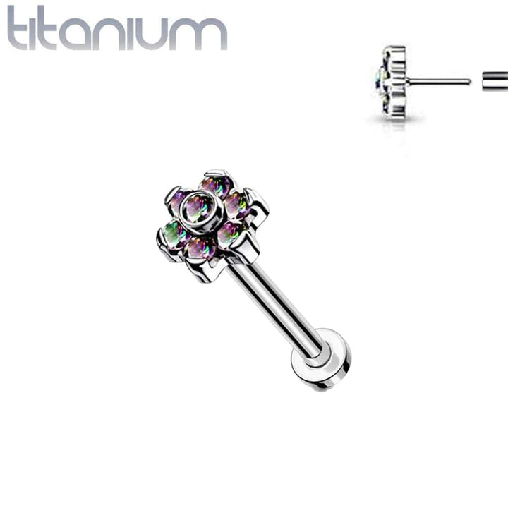 Implant Grade Titanium Threadless Push In Tragus/Cartilage Vitrail Medium CZ Flower With Flat Back - Pierced Universe