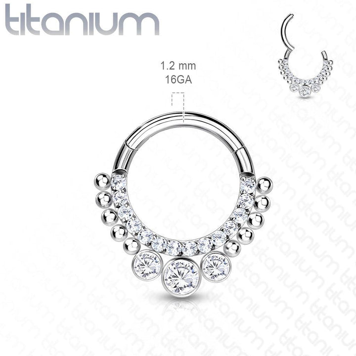 Implant Grade Titanium White CZ Beaded Hinged Septum Ring Hoop Clicker - Pierced Universe