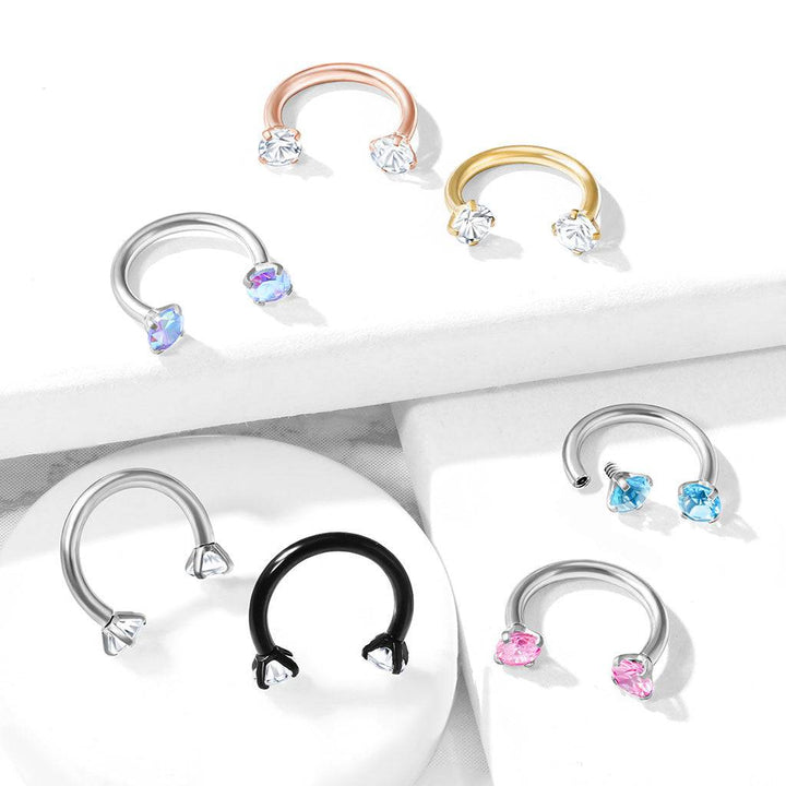 Internally Threaded Rose Gold PVD Surgical Steel Double White CZ Gem Horseshoe - Pierced Universe