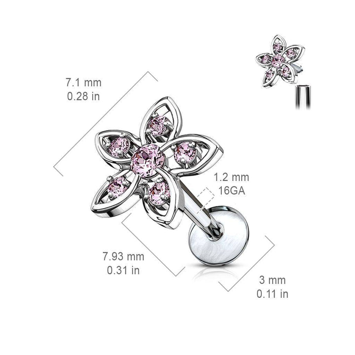 Internally Threaded Surgical Steel Pink CZ Flower Labret - Pierced Universe