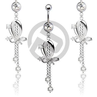 Large Clear CZ Butterfly with Chain Dangle Belly Button Navel Ring - Pierced Universe