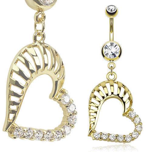 Large Gold Plated Hollow Heart with CZ Gem Rim Dangling Belly Button Navel Ring - Pierced Universe
