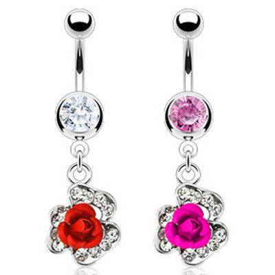 Metal Rose Flower Petal with CZ Rim Belly Button Navel Ring Dangle - Pierced Universe