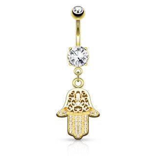 Micro Paved Surgical Steel Hamsa Hand of Fatima Dangle Belly Button Navel Ring - Pierced Universe