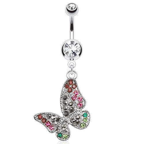 Multi Color CZ Gemstones Dangling Belly Button Navel Ring Bar Buttefly - Pierced Universe