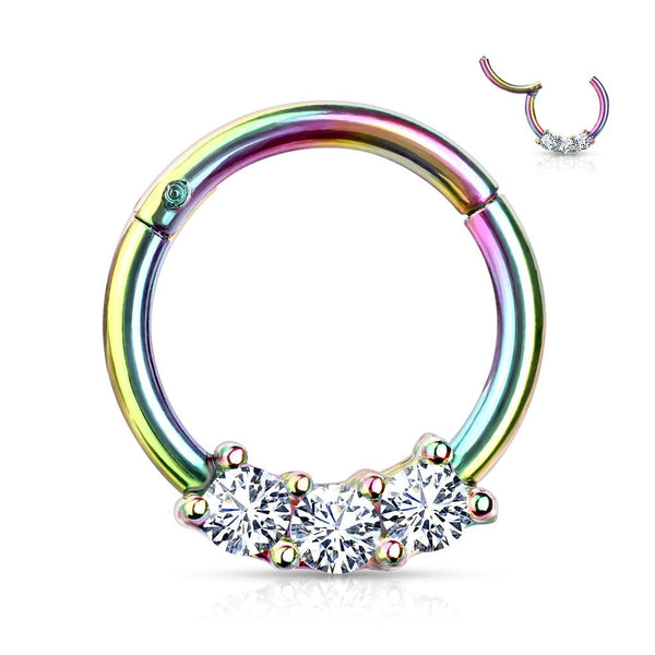 Multi Colour Surgical Steel 3 Gem White CZ Hinged Septum Ring Clicker - Pierced Universe