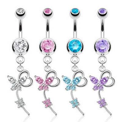Multi Gem Butterfly with Tiny Heart Dangling Belly Button Navel Ring - Pierced Universe