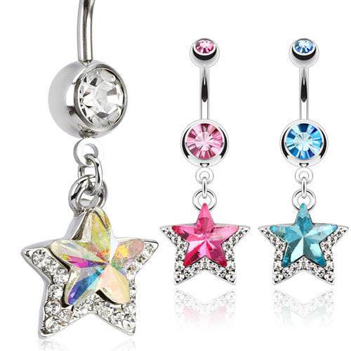 Multi Gem Prism Star with CZ Rim Belly Button Navel Ring - Pierced Universe