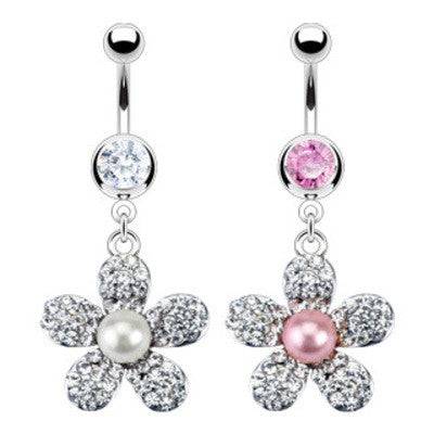 Multi Paved Flower with Centre Pearl Surgical Steel Belly Button Navel Ring - Pierced Universe