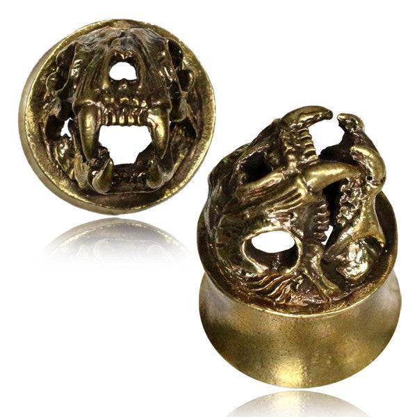 One of A Kind Reptile Dinosaur Brass Double Flared Ear Plugs Gauges - Pierced Universe