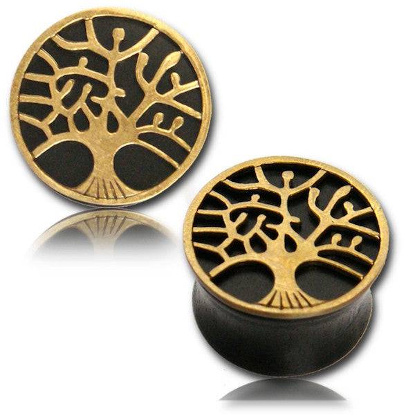 Organic Double Flared Black Areng with Brass Tree of Life Plugs Gauges - Pierced Universe