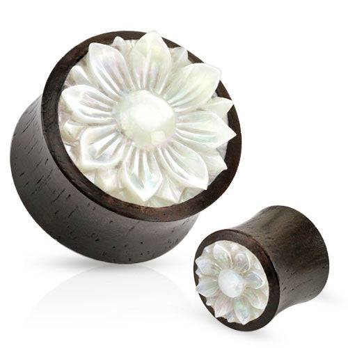 Organic Double Flared Iron Wood With Mother of Pearl Lotus Flower Inlay Ear Plugs - Pierced Universe