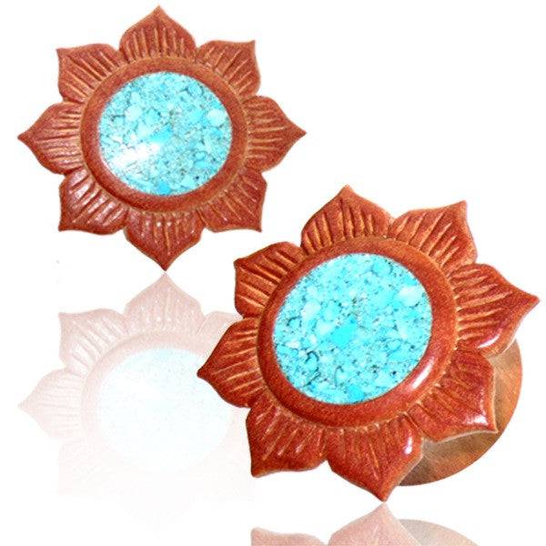 Organic Flower Sawo Wood Double Flared Ear Plugs Gauges With Turquoise Inlayed - Pierced Universe
