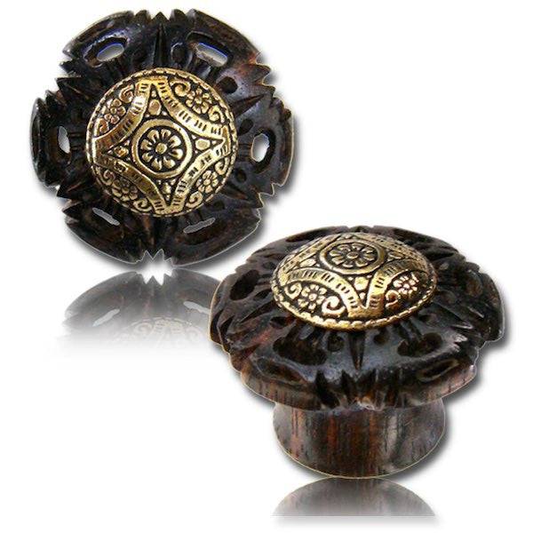 Organic Tamarind Wood Antique Tribal With Brass Inlay Ear Gauges Tunnels Spacers - Pierced Universe