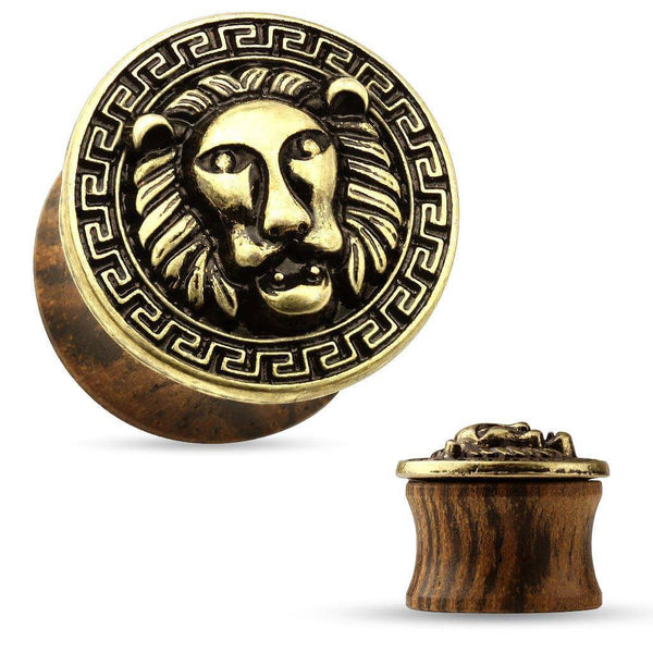 Organic Wood With Antique Bronze Lion Head Double Flared Saddle Ear Gauges Plugs Organic Wood With Antique Bronze Lion Head Double Flared Saddle Ear Gauges Plugs
