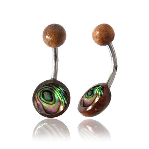 OrganicTamarind Wood and Abalone Shell Disc Surgical Steel Belly Button Navel Ring - Pierced Universe