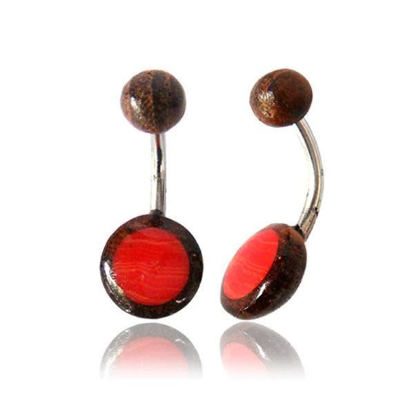 OrganicTamarind Wood and Coral Flat Disc Surgical Steel Belly Button Navel Ring - Pierced Universe
