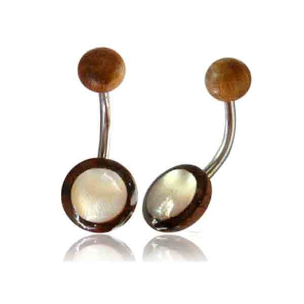 OrganicTamarind Wood and Mother of Pearl Disc Surgical Steel Belly Button Navel Ring - Pierced Universe