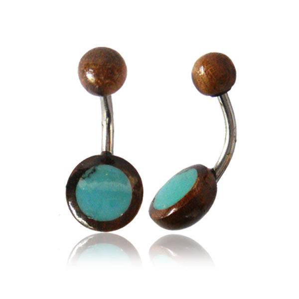 OrganicTamarind Wood and Turquoise Disc Surgical Steel Belly Button Navel Ring - Pierced Universe