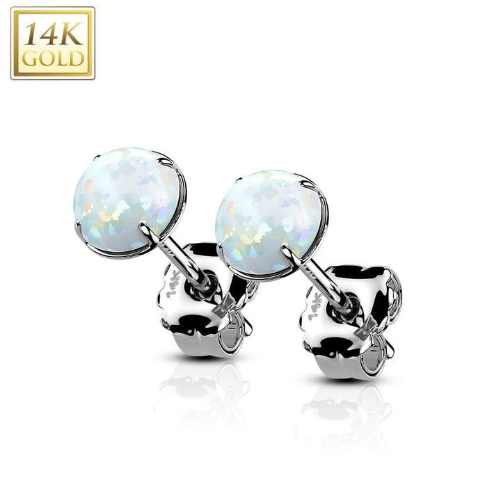 Pair Of 14KT Solid White Gold Circle Round Clawed White Opal Stud Earrings - Pierced Universe