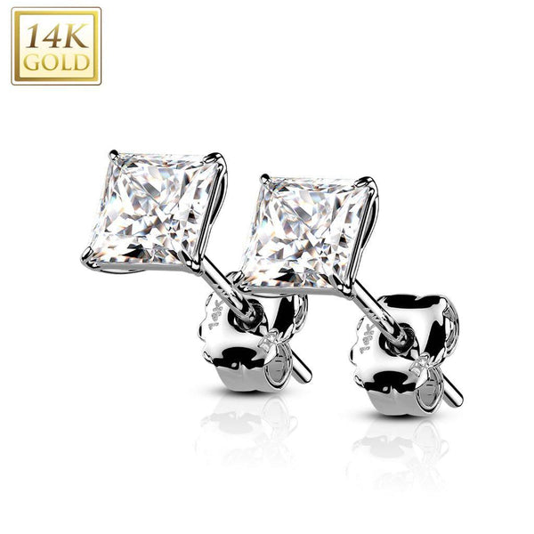 Pair Of 14KT Solid White Gold Square Clawed White CZ Stud Earrings - Pierced Universe