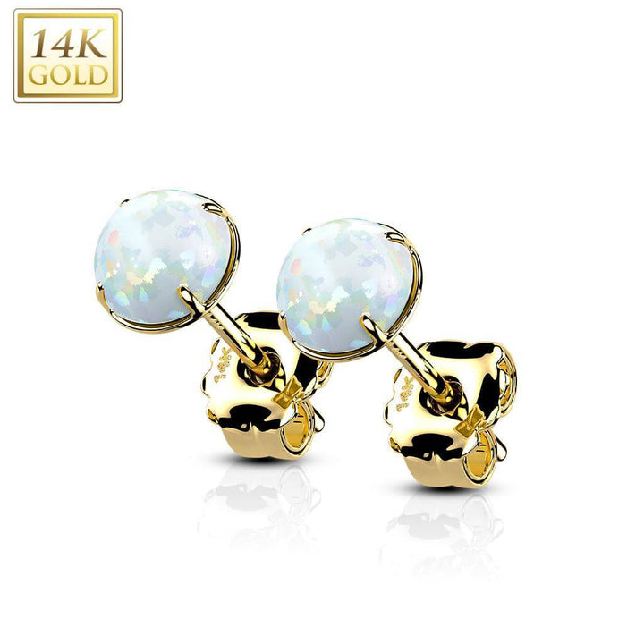 Pair Of 14KT Solid Yellow Gold Circle Round Clawed White Opal Stud Earrings - Pierced Universe