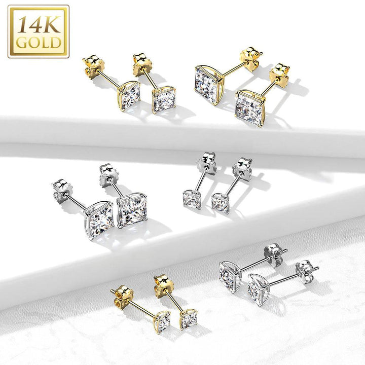 Pair Of 14KT Solid Yellow Gold Square Clawed White CZ Stud Earrings - Pierced Universe