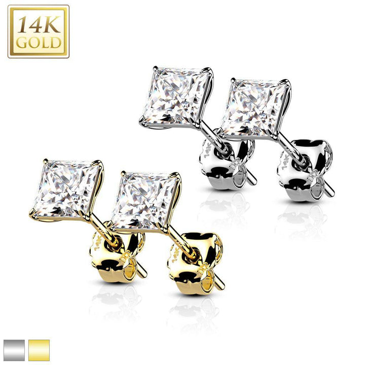 Pair Of 14KT Solid Yellow Gold Square Clawed White CZ Stud Earrings - Pierced Universe