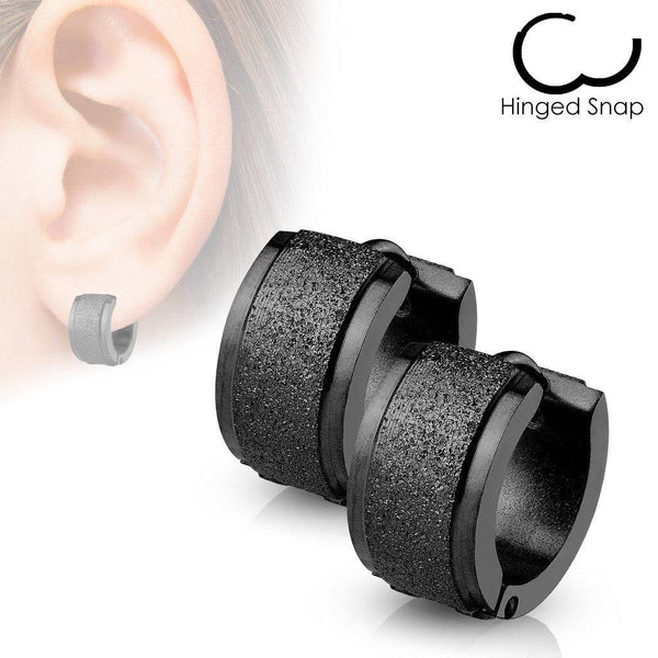 Pair of 316L Surgical Steel 2 Size Black Glitter Hinged Hoop Earrings - Pierced Universe
