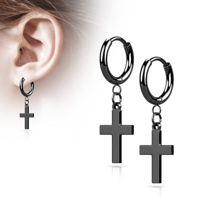 Pair Of 316L Surgical Steel Black PVD Thin Hoop Earrings With Dangling Cross - Pierced Universe