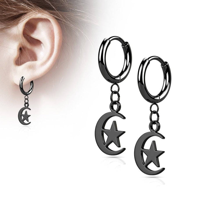 Pair Of 316L Surgical Steel Black PVD Thin Hoop Earrings With Dangling Moon & Star - Pierced Universe
