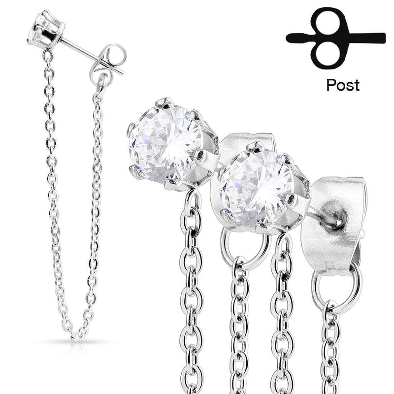 Pair of 316L Surgical Steel CZ Connected Chain Stud Earrings - Pierced Universe