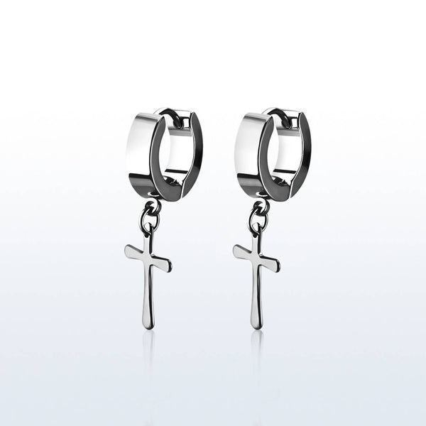 Pair of 316L Surgical Steel Dangling Cross Hoop Earrings - Pierced Universe