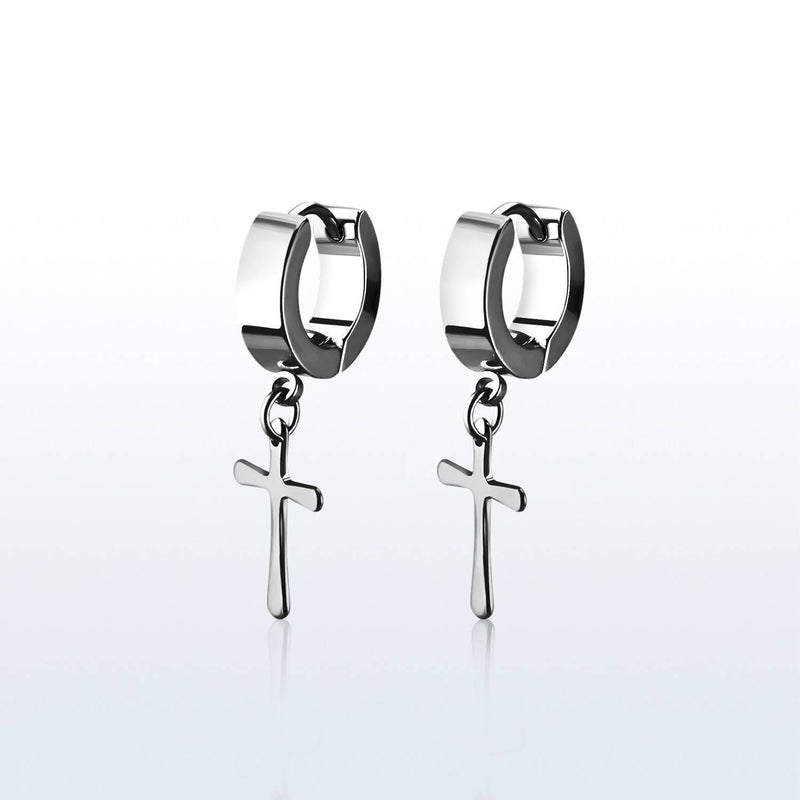 Pair of 316L Surgical Steel Dangling Cross Hoop Earrings - Pierced Universe