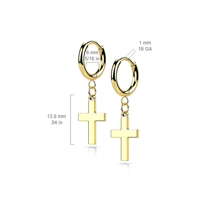 Pair Of 316L Surgical Steel Gold PVD Thin Hoop Earrings With Dangling Cross - Pierced Universe
