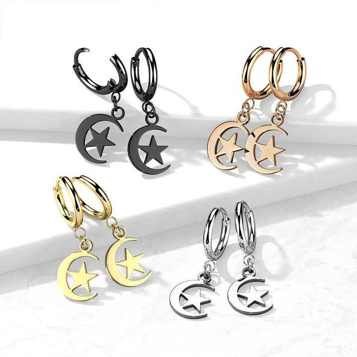 Pair Of 316L Surgical Steel Gold PVD Thin Hoop Earrings With Dangling Moon & Star - Pierced Universe