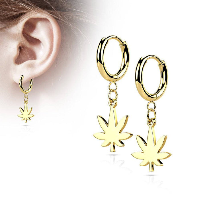 Pair Of 316L Surgical Steel Gold PVD Thin Hoop Earrings With Dangling Weed Leaf - Pierced Universe