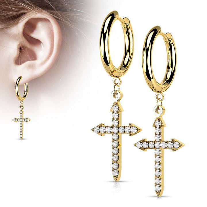 Pair Of 316L Surgical Steel Gold PVD White CZ Celtic Cross Dangle Hoop Earrings - Pierced Universe
