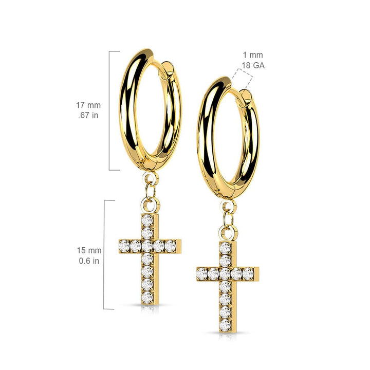 Pair Of 316L Surgical Steel Gold PVD White CZ Cross Dangle Hoop Earrings - Pierced Universe