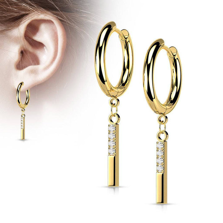 Pair Of 316L Surgical Steel Gold PVD White CZ Simple Line Dangle Hoop Earrings - Pierced Universe
