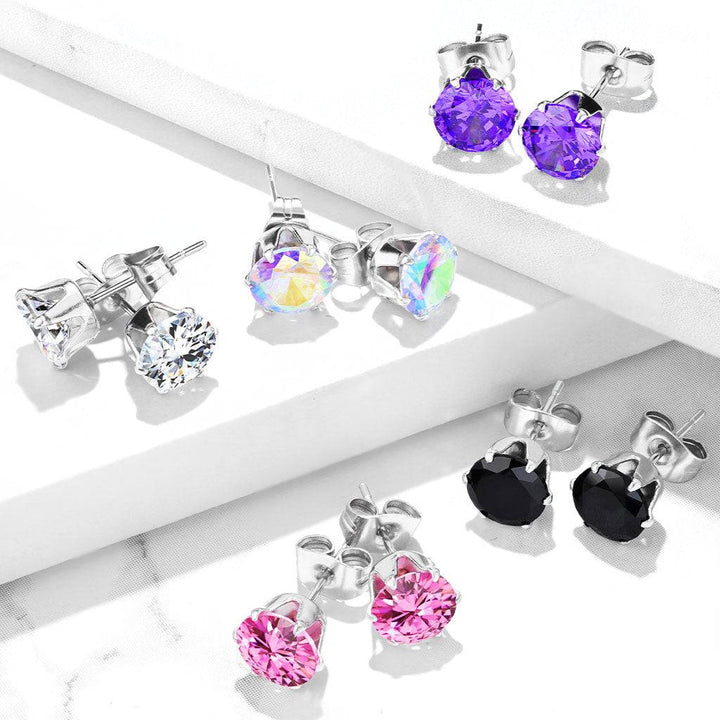 Pair of 316L Surgical Steel Prong Set CZ Circle Round Stud Earrings - Pierced Universe